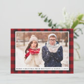 赤い素朴格子模様のメリークリスマスカップルの写真 シーズンカード (スタンド正面)