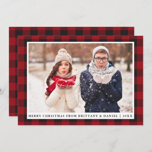 赤い素朴格子模様のメリークリスマスカップルの写真 シーズンカード (正面/裏面)