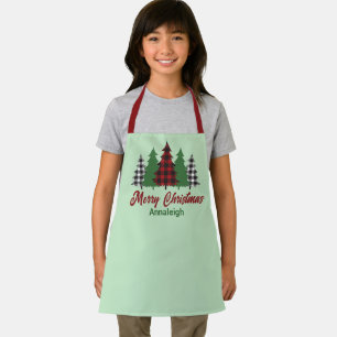 赤い素朴格子模様のメリークリスマスツリーのカスタム子供 エプロン