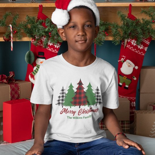 赤い素朴格子模様のメリークリスマスツリーのカスタム子供 Tシャツ