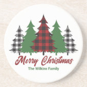 赤い素朴格子模様のメリークリスマスツリーズカスタム コースター (正面)