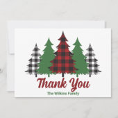 赤い素朴格子模様のメリークリスマスツリーズカスタム サンキューカード (正面)