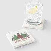 赤い素朴格子模様のメリークリスマスツリーズカスタム ストーンコースター (横)