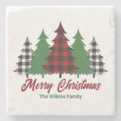 赤い素朴格子模様のメリークリスマスツリーズカスタム ストーンコースター (正面)