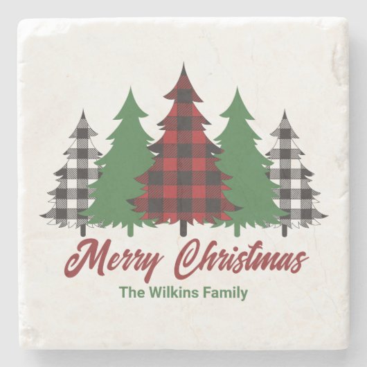 赤い素朴格子模様のメリークリスマスツリーズカスタム ストーンコースター (正面)