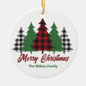 赤い素朴格子模様のメリークリスマスツリーズカスタム セラミックオーナメント (正面)