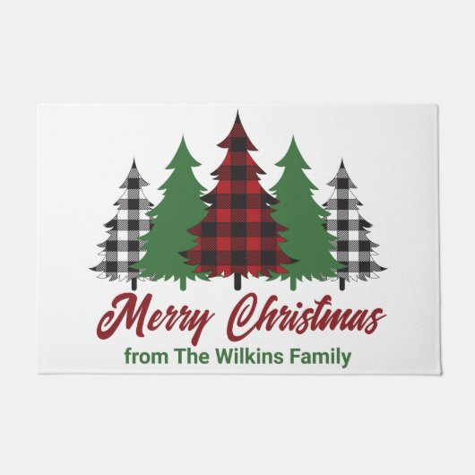赤い素朴格子模様のメリークリスマスツリーズカスタム ドアマット (正面)