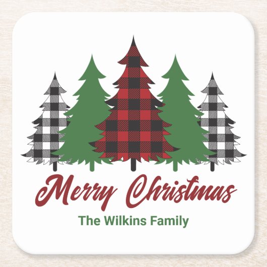 赤い素朴格子模様のメリークリスマスツリーズパーティー スクエアペーパーコースター (正面)