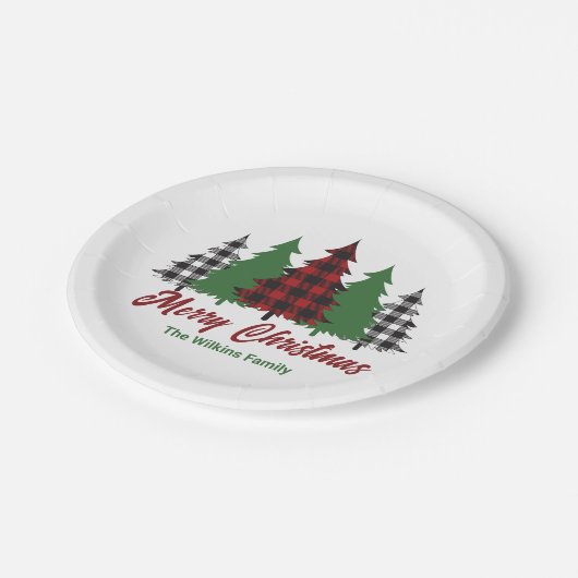 赤い素朴格子模様のメリークリスマスツリーズパーティー ペーパープレート (アングル)