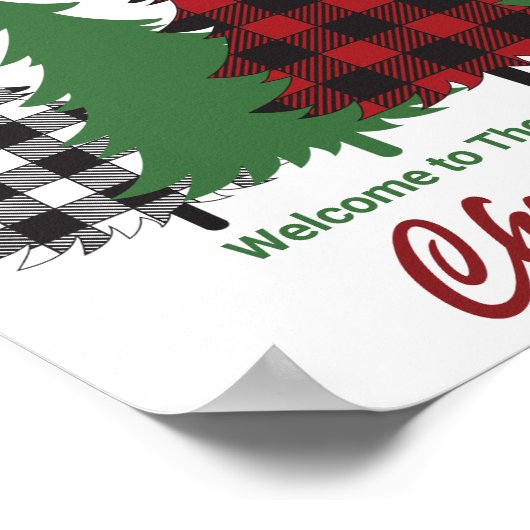 赤い素朴格子模様のメリークリスマスツリーズパーティー ポスター (角)