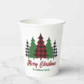 赤い素朴格子模様のメリークリスマスツリーズパーティー 紙コップ (正面)