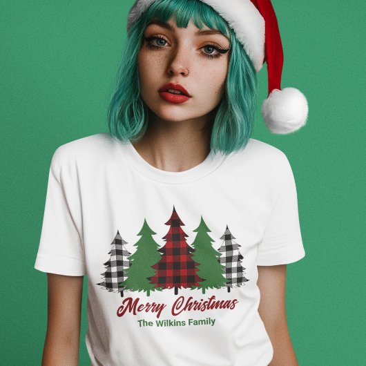 赤い素朴格子模様のメリークリスマスツリーズ女性 トライブレンドＴシャツ