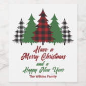 赤い素朴格子模様のメリークリスマスハッピー新年 ワインラベル (シングルラベル)