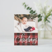 赤い素朴格子模様のメリークリスマスフォト シーズンポストカード (スタンド正面)