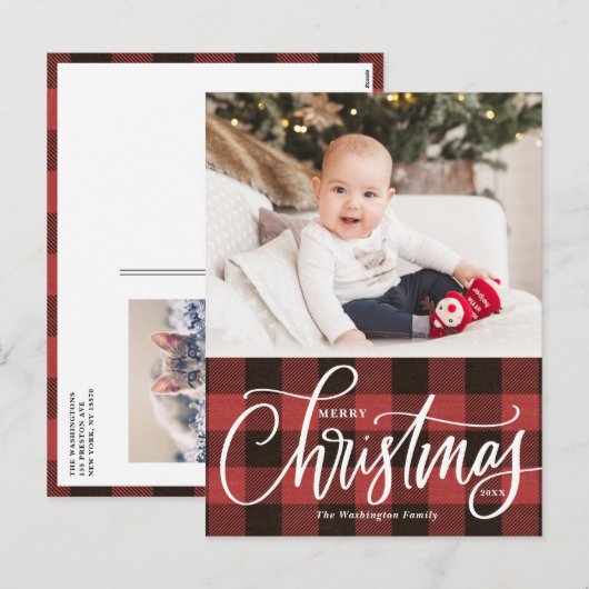 赤い素朴格子模様のメリークリスマスフォト シーズンポストカード (正面/裏面)
