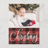 赤い素朴格子模様のメリークリスマスフォト シーズンポストカード (正面)