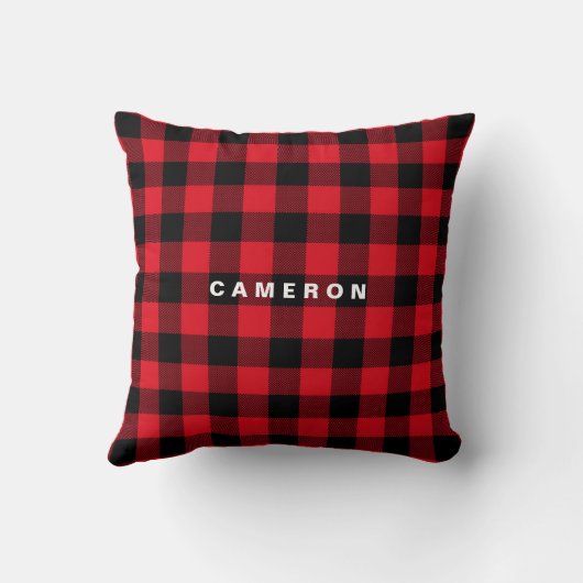赤い素朴格子模様の休日パーソナライズされた クッション (裏面)
