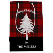 赤い素朴格子模様の名前を追加メリークリスマスの好意 ミディアムペーパーバッグ (正面)
