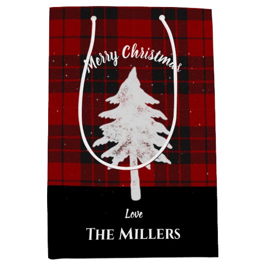 赤い素朴格子模様の名前を追加メリークリスマスの好意 ミディアムペーパーバッグ (正面)