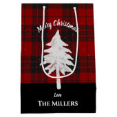 赤い素朴格子模様の名前を追加メリークリスマスの好意 ミディアムペーパーバッグ (裏面)