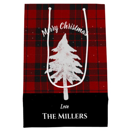 赤い素朴格子模様の名前を追加メリークリスマスの好意 ミディアムペーパーバッグ (裏面)