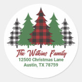赤い素朴格子模様クリスマスツリーズ差出人住所 ラウンドシール (正面)