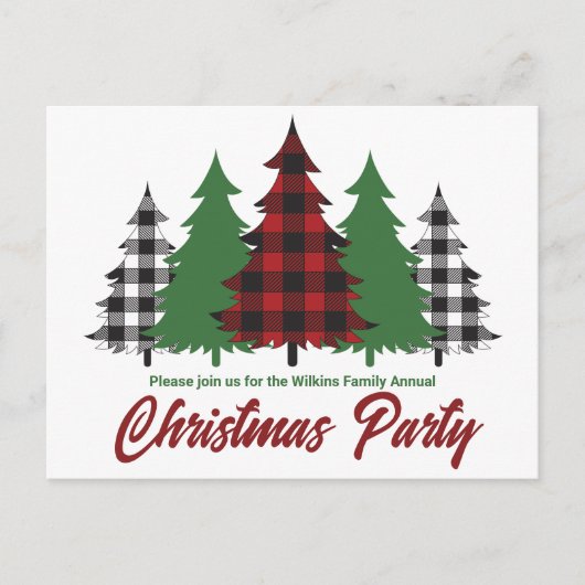 赤い素朴格子緑の木クリスマスパーティー インビテーションポストカード (正面)