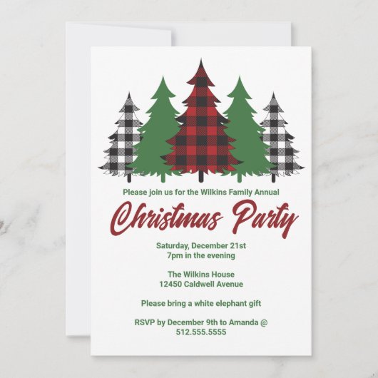 赤い素朴格子緑の木クリスマスパーティー 招待状 (正面)