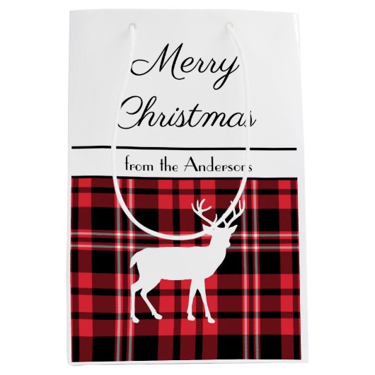 赤い素朴格子縞のクリスマス ミディアムペーパーバッグ (正面)