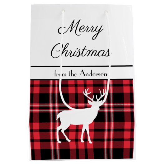 赤い素朴格子縞のクリスマス ミディアムペーパーバッグ (裏面)