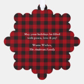 赤い素朴格子縞の初めてのクリスマス写真 オーナメントカード (裏面)