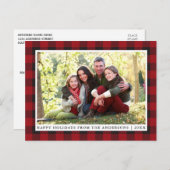 赤い素朴格子縞の家族の写真ハッピーホリデー ポストカード (正面/裏面)