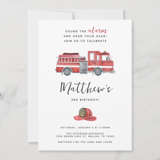 赤い素朴水色の消防車の誕生日パーティー 招待状 (正面)