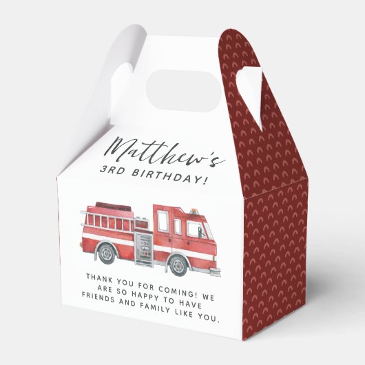 赤い素朴消防車の誕生日パーティーのお願いボックス フェイバーボックス (正面サイド)