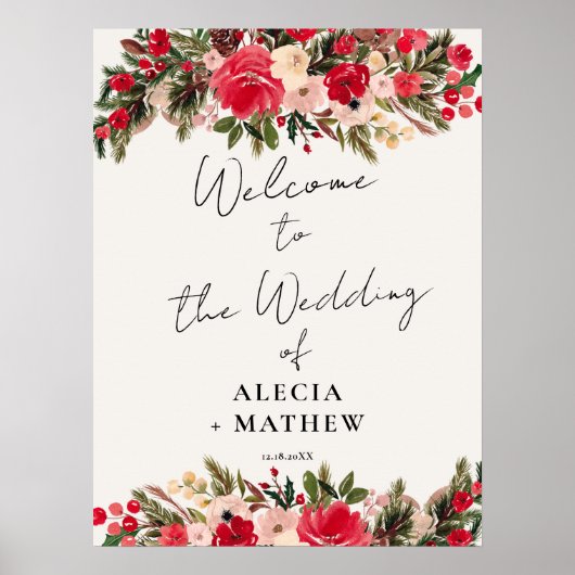 赤い素朴緑のフローラ冬の結婚式へようこそ ポスター (正面)