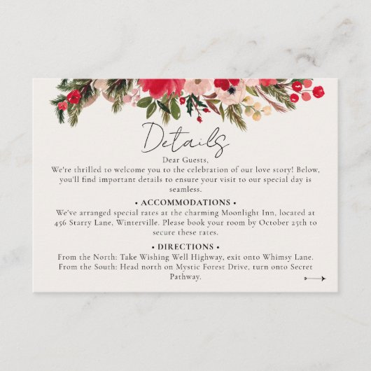 赤い素朴緑のフローラ冬の結婚式詳細 エンクロージャーカード (正面)