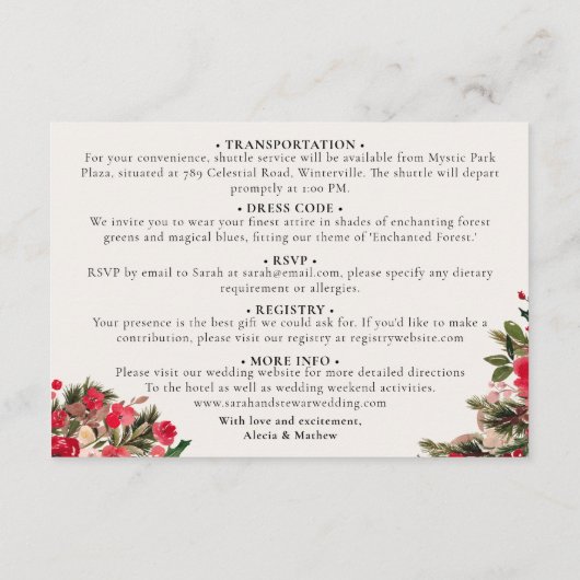 赤い素朴緑のフローラ冬の結婚式詳細 エンクロージャーカード (裏面)