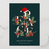 赤い素朴緑の写真ピースクリスマスの葉 箔シーズンカード (正面)