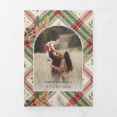 赤い素朴緑の格子模様/ホリーアーチ付き1写真 三つ折りカード (カバー)
