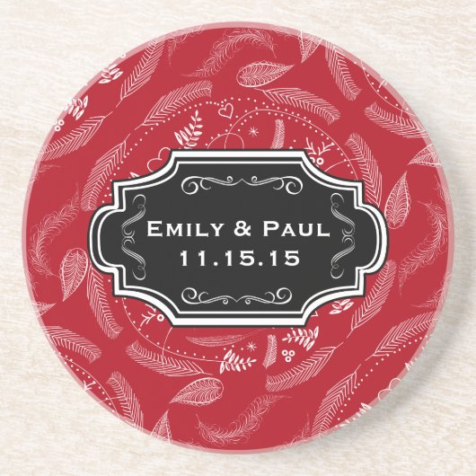 赤い素朴羽毛パタ結婚ーンのコースター コースター (正面)
