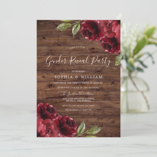 赤い素朴花のバーガンディ性別がパーティーを表示 招待状 (スタンド正面)