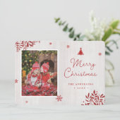 赤い素朴葉カスタムの写真クリスマスカード サンキューカード (スタンド正面)