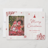 赤い素朴葉カスタムの写真クリスマスカード サンキューカード (正面)