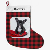 赤い素朴黒の小切手のペット写真犬 ラージクリスマスストッキング (正面)