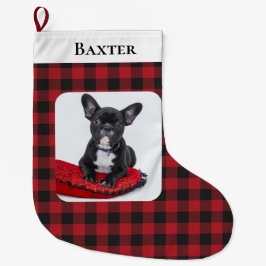 赤い素朴黒の小切手のペット写真犬 ラージクリスマスストッキング