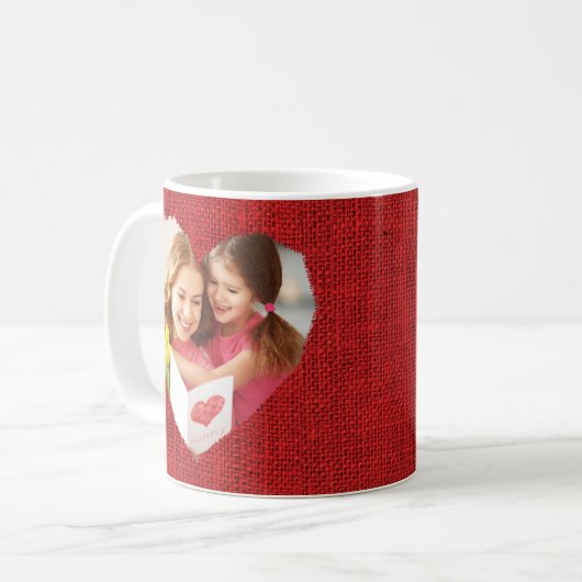 赤い素朴Burlapハートママ写真母の日 コーヒーマグカップ (正面左)