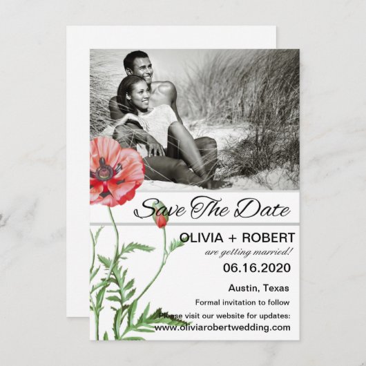 赤い素朴Poppy写真の日付を保存 招待状 (正面/裏面)