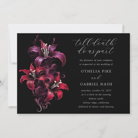 赤い紫のユリ劇的なムーディースゴシッ結婚トの 招待状 (正面)