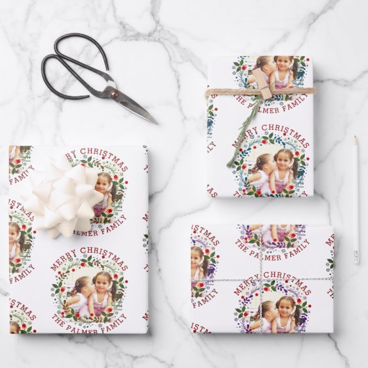 赤い紫の写真のメリークリスマスリース ラッピングペーパーシート (正面)