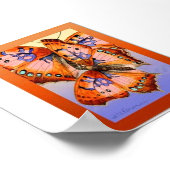 赤い紫の蝶オン金ゴールドブルー抽象芸術アート ポスター (角)